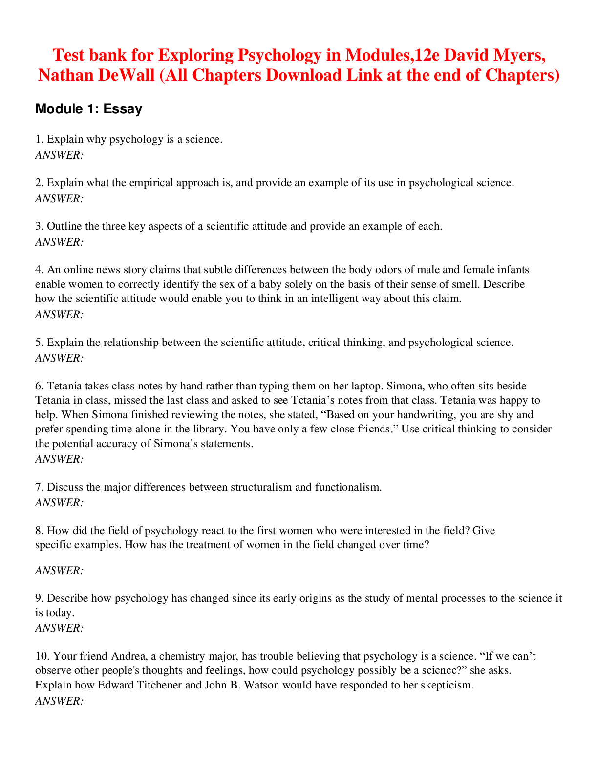 Recommended document preview for Exploring Psychology in Modules,12e David Myers, (Test bank)